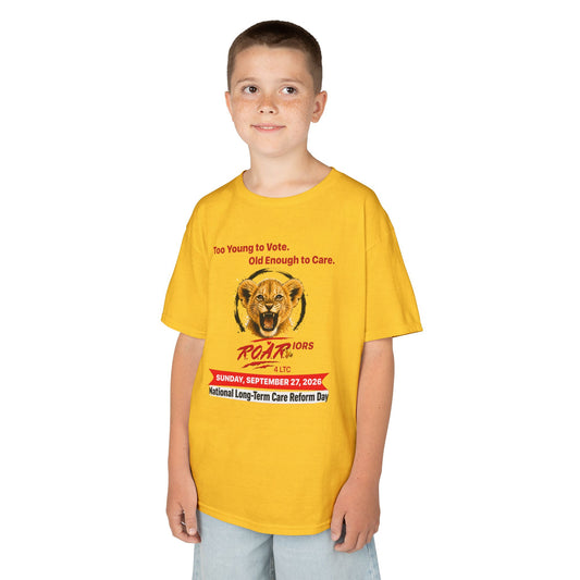 Kids Tee – “Too Young to Vote. Old Enough to Care.” Lion Design for National Long-Term Care Reform Day